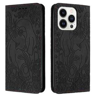 For iPhone 14 Pro Retro Elephant Embossed Leather Phone Case(Black)