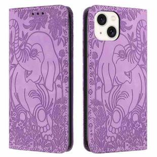 For iPhone 14 Plus Retro Elephant Embossed Leather Phone Case(Purple)