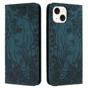 For iPhone 13 Retro Elephant Embossed Leather Phone Case(Green)
