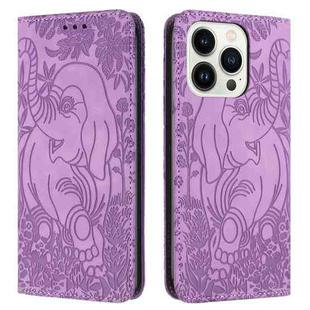 For iPhone 13 Pro Retro Elephant Embossed Leather Phone Case(Purple)