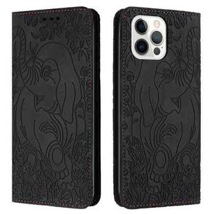 For iPhone 12 Pro Max Retro Elephant Embossed Leather Phone Case(Black)