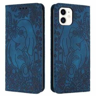 For iPhone 11 Retro Elephant Embossed Leather Phone Case(Blue)