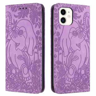 For iPhone 11 Retro Elephant Embossed Leather Phone Case(Purple)