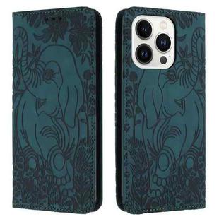 For iPhone 16 Pro Max Retro Elephant Embossed Leather Phone Case(Green)