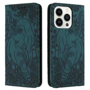 For iPhone 16 Pro Retro Elephant Embossed Leather Phone Case(Green)