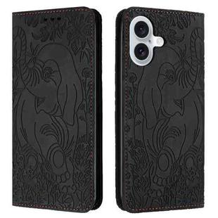 For iPhone 16 Plus Retro Elephant Embossed Leather Phone Case(Black)