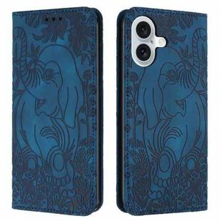 For iPhone 16 Retro Elephant Embossed Leather Phone Case(Blue)