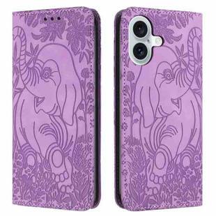 For iPhone 16 Retro Elephant Embossed Leather Phone Case(Purple)