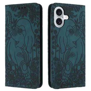 For iPhone 16 Retro Elephant Embossed Leather Phone Case(Green)