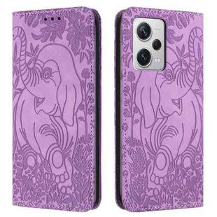 For Xiaomi Poco X5/Redmi Note 12 5G Global Retro Elephant Embossed Leather Phone Case(Purple)