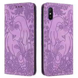 For Xiaomi Redmi 9A Retro Elephant Embossed Leather Phone Case(Purple)