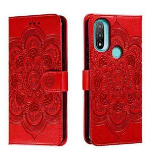 For Motorola Moto E20 Sun Mandala Embossing Pattern Phone Leather Case(Red)