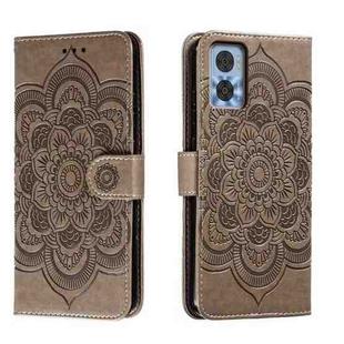 For Motorola Moto E22 Sun Mandala Embossing Pattern Phone Leather Case(Grey)