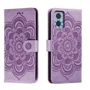 For Motorola Moto E22 Sun Mandala Embossing Pattern Phone Leather Case(Purple)