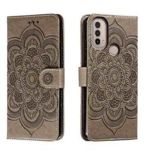 For Motorola Moto E40 Sun Mandala Embossing Pattern Phone Leather Case(Grey)