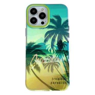 For iPhone 15 Pro Beach Coconut Dual-side Laminating Laser Frosted Phone Case(Green Yellow)
