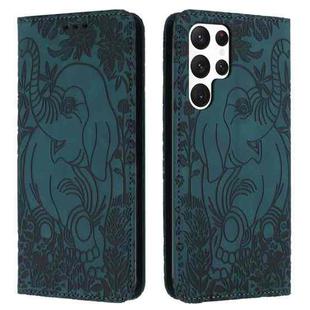 For Samsung Galaxy S23 Ultra 5G Retro Elephant Embossed Leather Phone Case(Green)