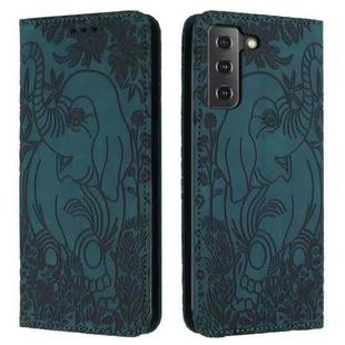 For Samsung Galaxy S22 5G Retro Elephant Embossed Leather Phone Case(Green)