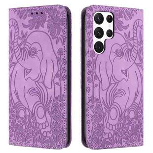 For Samsung Galaxy S22 Ultra 5G Retro Elephant Embossed Leather Phone Case(Purple)