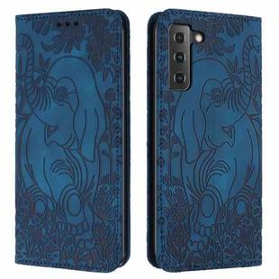 For Samsung Galaxy S21 5G Retro Elephant Embossed Leather Phone Case(Blue)