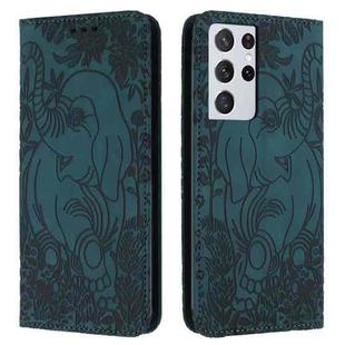 For Samsung Galaxy S21 Ultra 5G Retro Elephant Embossed Leather Phone Case(Green)