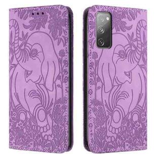 For Samsung Galaxy S20 FE 5G Retro Elephant Embossed Leather Phone Case(Purple)