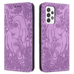 For Samsung Galaxy A52 Retro Elephant Embossed Leather Phone Case(Purple)