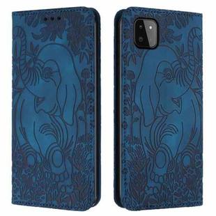 For Samsung Galaxy A22 5G Retro Elephant Embossed Leather Phone Case(Blue)