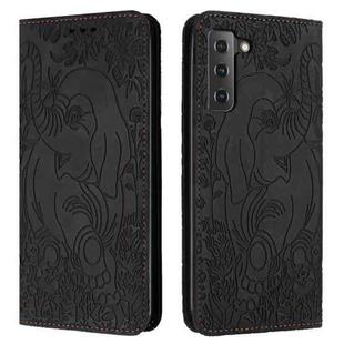 For Samsung Galaxy S21 FE 5G Retro Elephant Embossed Leather Phone Case(Black)