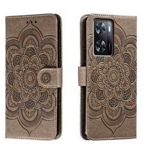 For OPPO A57 4G Sun Mandala Embossing Pattern Phone Leather Case(Grey)