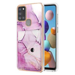 For Samsung Galaxy A21s Marble Pattern IMD Card Slot Phone Case(Pink Purple Gold)