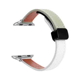 For Apple Watch Series 9 45mm Slim Magnetic Buckle Genuine Leather Watch Band(Litchi Beige Green)