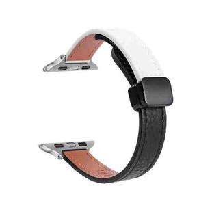 For Apple Watch Series 8 45mm Slim Magnetic Buckle Genuine Leather Watch Band(Litchi Black Beige)