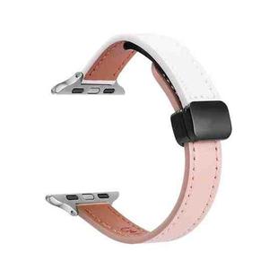 For Apple Watch SE 44mm Slim Magnetic Buckle Genuine Leather Watch Band(Plain Beige Pink)