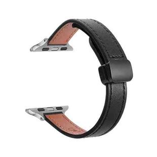 For Apple Watch SE 44mm Slim Magnetic Buckle Genuine Leather Watch Band(Plain Black)