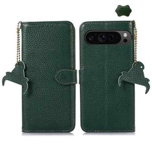 For Google Pixel 9 Pro Genuine Leather Litchi Texture RFID Leather Phone Case(Green)