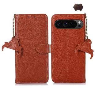 For Google Pixel 9 Pro Genuine Leather Litchi Texture RFID Leather Phone Case(Coffee)