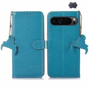 For Google Pixel 9 Pro Genuine Leather Litchi Texture RFID Leather Phone Case(Blue)