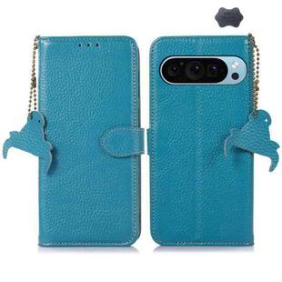 For Google Pixel 9 Genuine Leather Litchi Texture RFID Leather Phone Case(Blue)
