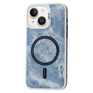 For iPhone 15 Contrast Color Denim MagSafe Magnetic Phone Case(Blue)