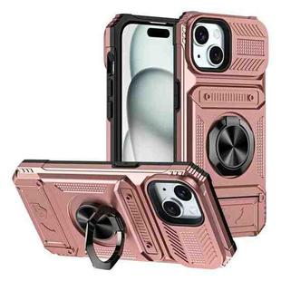 For iPhone 15 TPU+PC Shockproof Card Phone Case with Metal Ring Holder(Rose Gold)