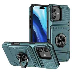 For iPhone 16 TPU+PC Shockproof Card Phone Case with Metal Ring Holder(Green)