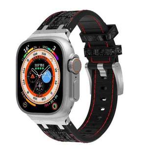 For Apple Watch Ultra 49mm Crocodile Texture Liquid Silicone Watch Band(Silver Red Black)