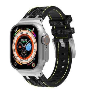 For Apple Watch Ultra 49mm Crocodile Texture Liquid Silicone Watch Band(Silver Yellow Black)