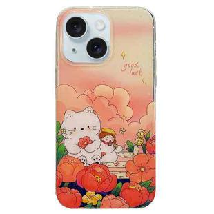 For iPhone 15 Double Sided IMD Full Coverage TPU Phone Case(Red Flower Doll Little Girl)