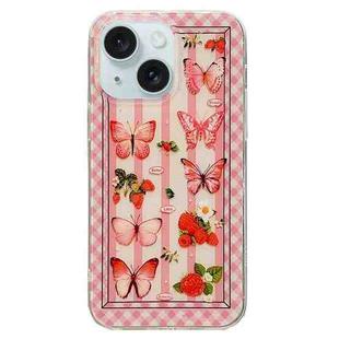 For iPhone 15 Double Sided IMD Full Coverage TPU Phone Case(Pink Butterfly Fruit)