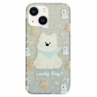 For iPhone 14 Double Sided IMD Full Coverage TPU Phone Case(Blue Scarf Puppy)