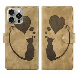 For iPhone 15 Pro Max Pen Heart Cat Embossed Leather Phone Case(Apricot)