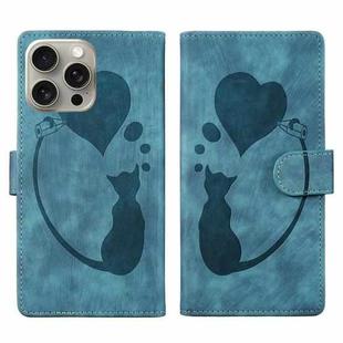 For iPhone 15 Pro Pen Heart Cat Embossed Leather Phone Case(Blue)