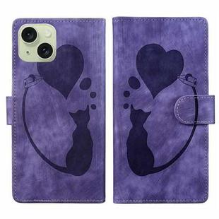 For iPhone 15 Plus Pen Heart Cat Embossed Leather Phone Case(Purple)